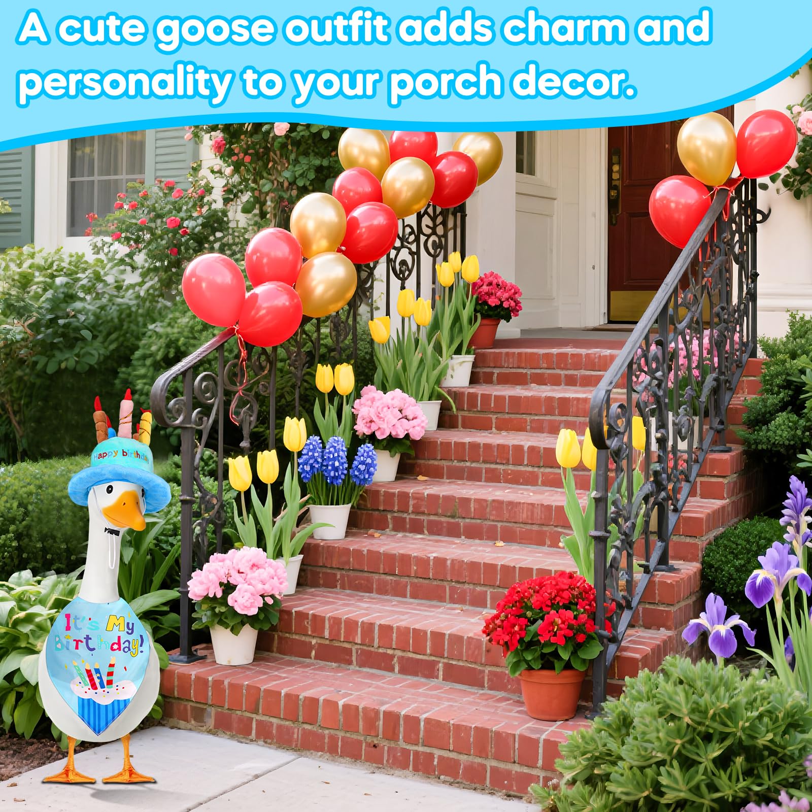 Wanocean birthday goose outfit for lawn statues during celebrations.
