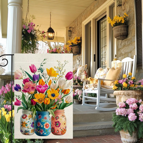 Wanpluml garden flag displayed on a stand to boost curb appeal.