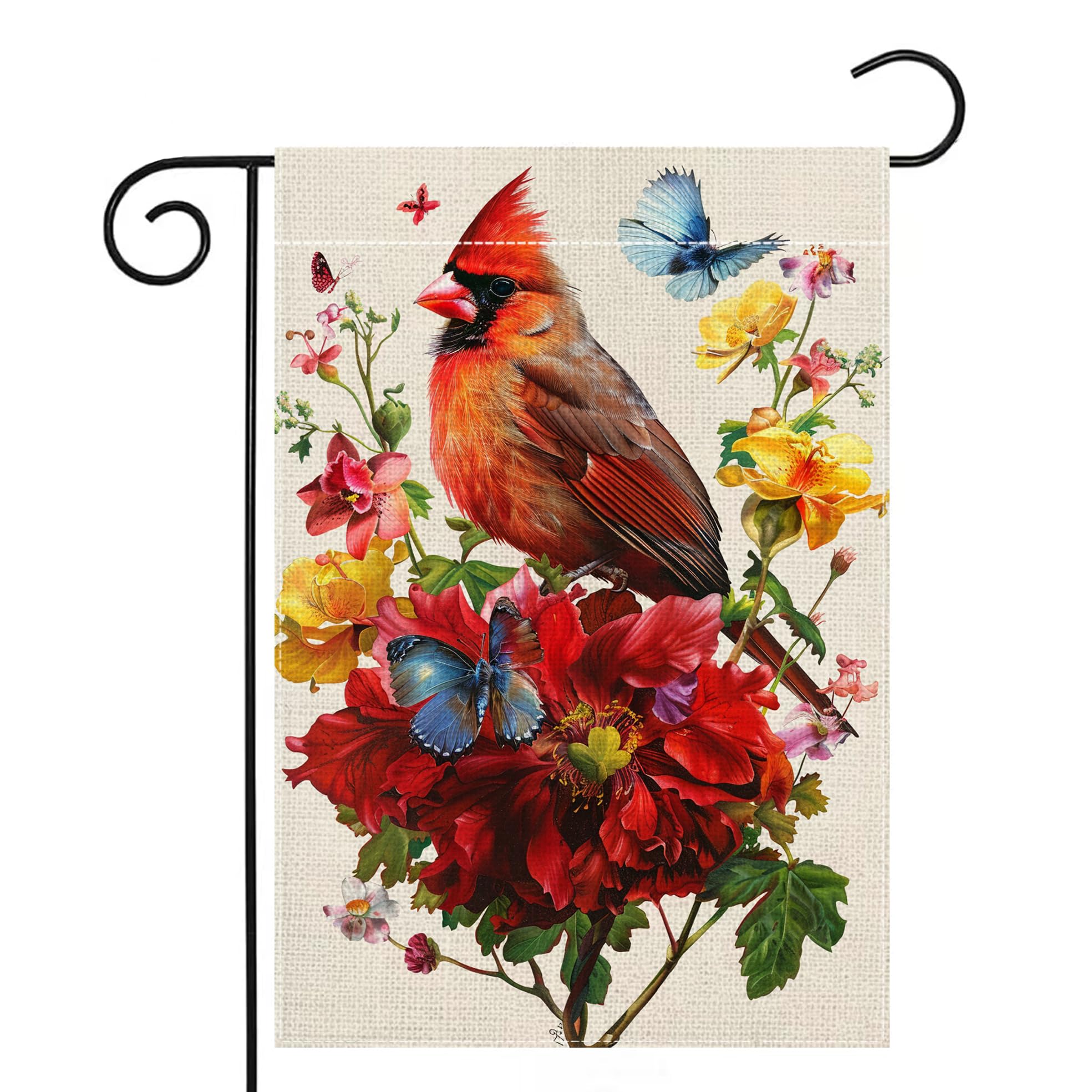 Wanpluml Red Bird Butterfly Flowers Garden Flag with vibrant cardinal and butterfly design for outdoor charm.