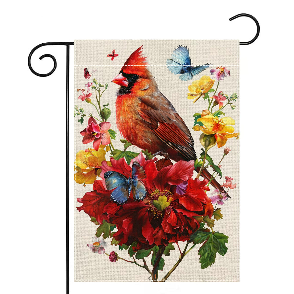 Wanpluml Red Bird Butterfly Flowers Garden Flag with vibrant cardinal and butterfly design for outdoor charm.