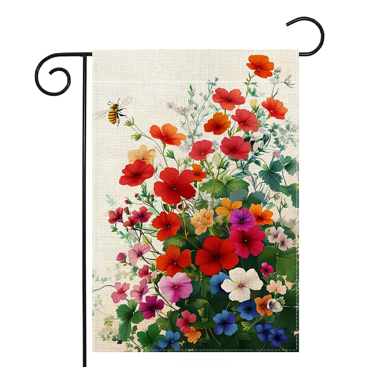 Wanpluml garden flag front view with bee red geranium blooms welcoming guests