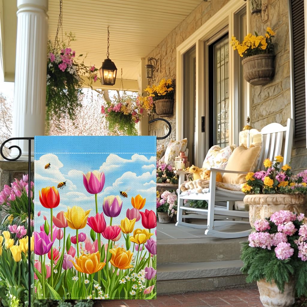 Wanpluml Spring Tulip Garden Flag 12x18 inches for standard flagpoles.