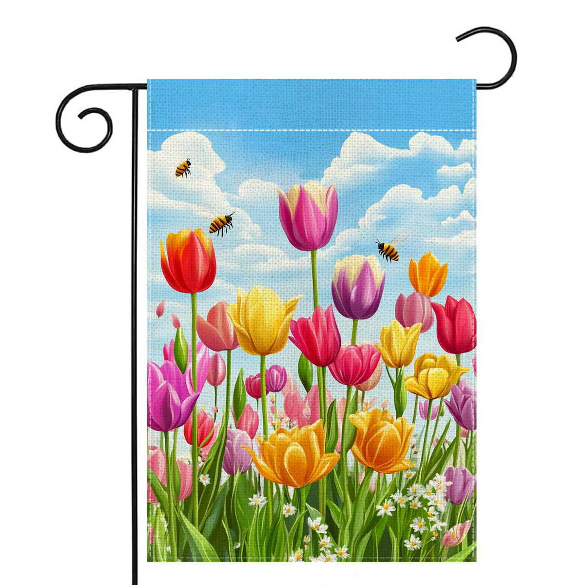Wanpluml Spring Tulip Garden Flag close-up of tulips and bees for vibrant outdoor decor.