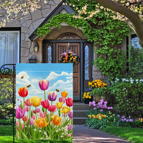 Wanpluml Spring Tulip Garden Flag showing double-sided design visible from both sides.
