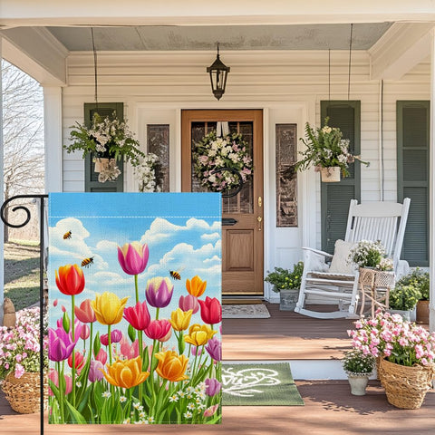 Wanpluml Spring Tulip Garden Flag easy to hang on standard stands.