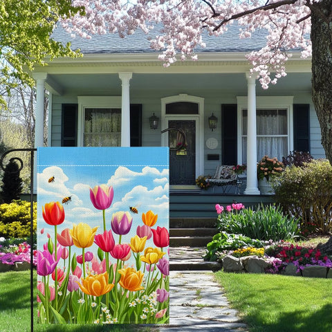 Wanpluml Spring Tulip Garden Flag ideal for patios and yards.