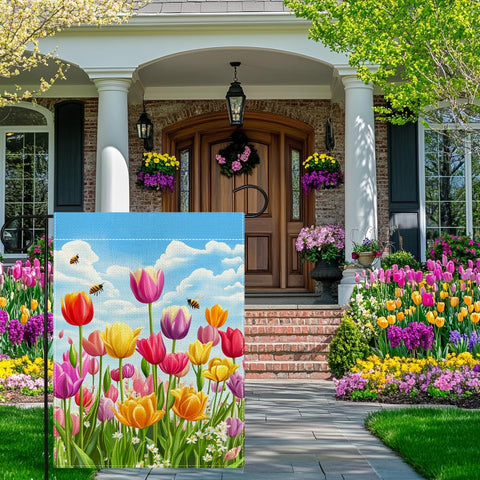 Wanpluml Spring Tulip Garden Flag weatherproof linen fabric resists wear.