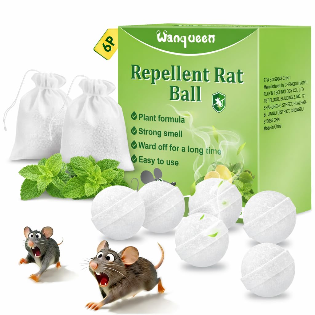 Wanqueen 6-pack rodent repellent balls packaging showing natural peppermint formula for pet-safe home defense