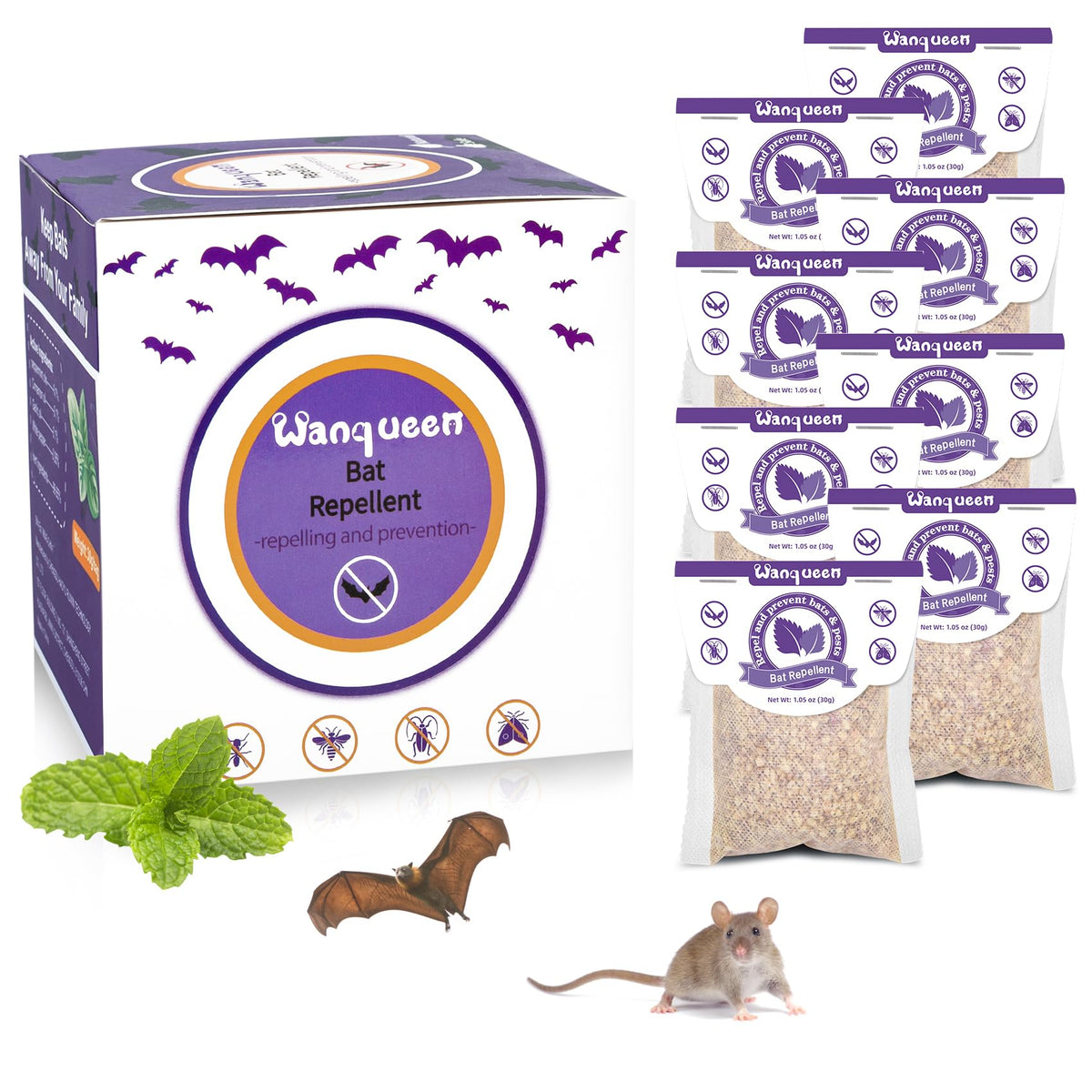 Wanqueen 8-pack bat repellent pouches designed for attic deterrence.