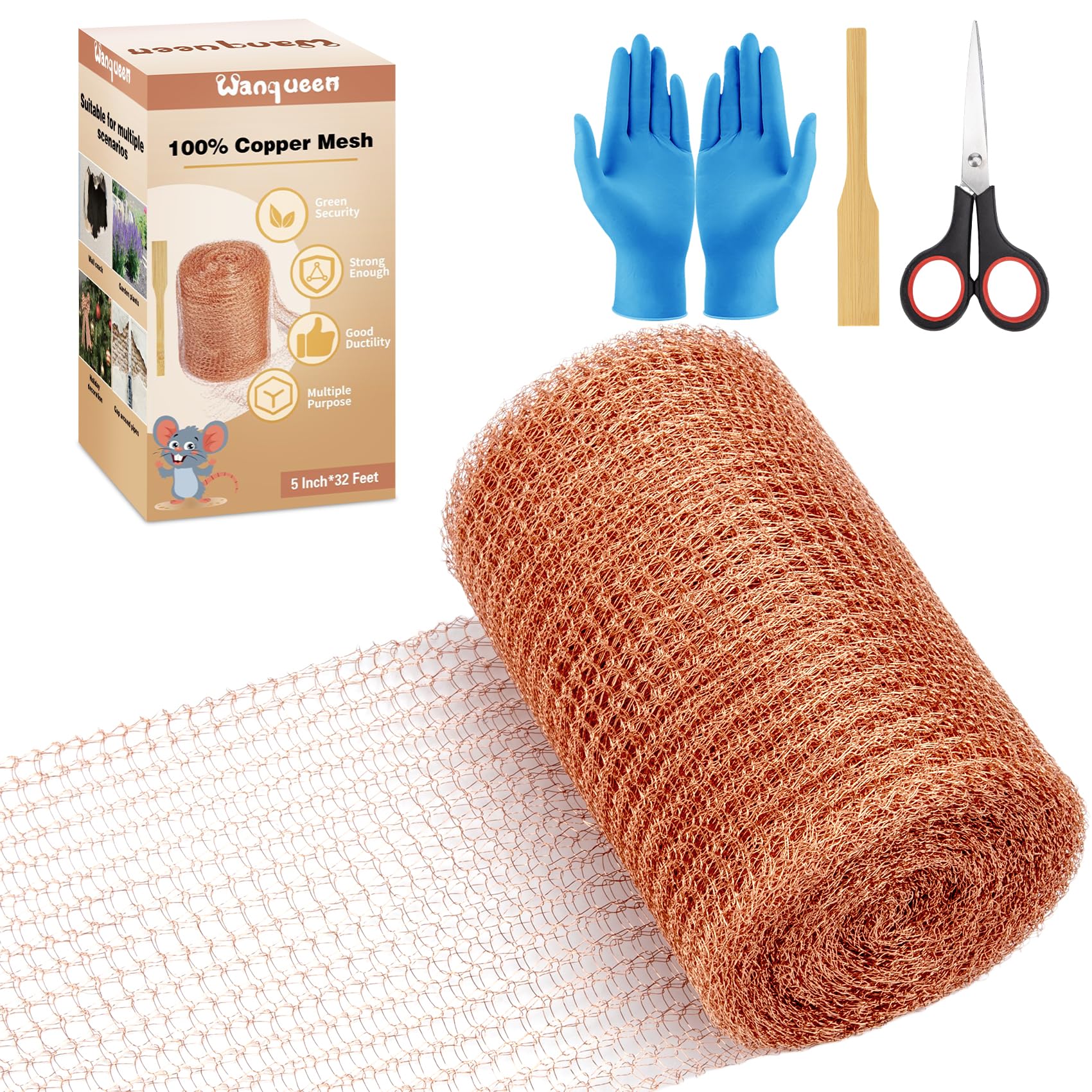 Wanqueen copper mesh roll 5in x 32ft, durable hole sealing for vents and openings.