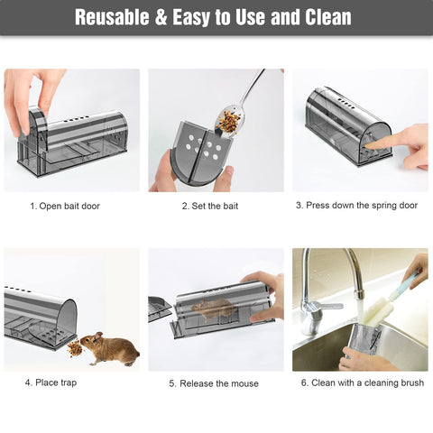 Wanqueen humane mouse traps: spring door action snaps shut quickly without harming mice.
