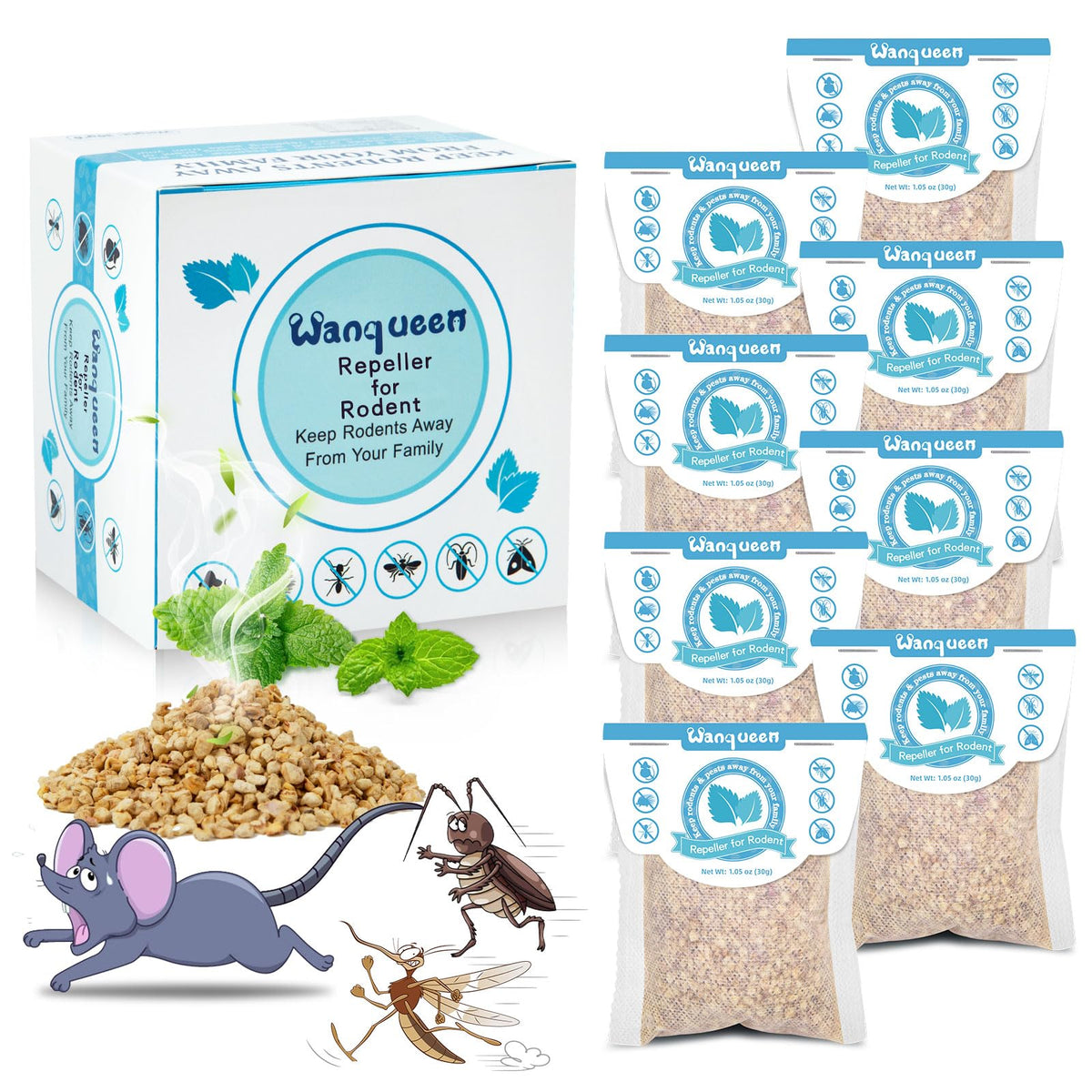 Wanqueen mouse repellent pouches pack demonstrates long-lasting deterrence.
