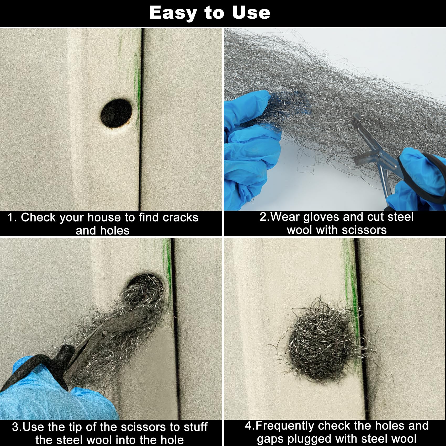 Wanqueen gloves protect hands during DIY installation of steel wool mice control.