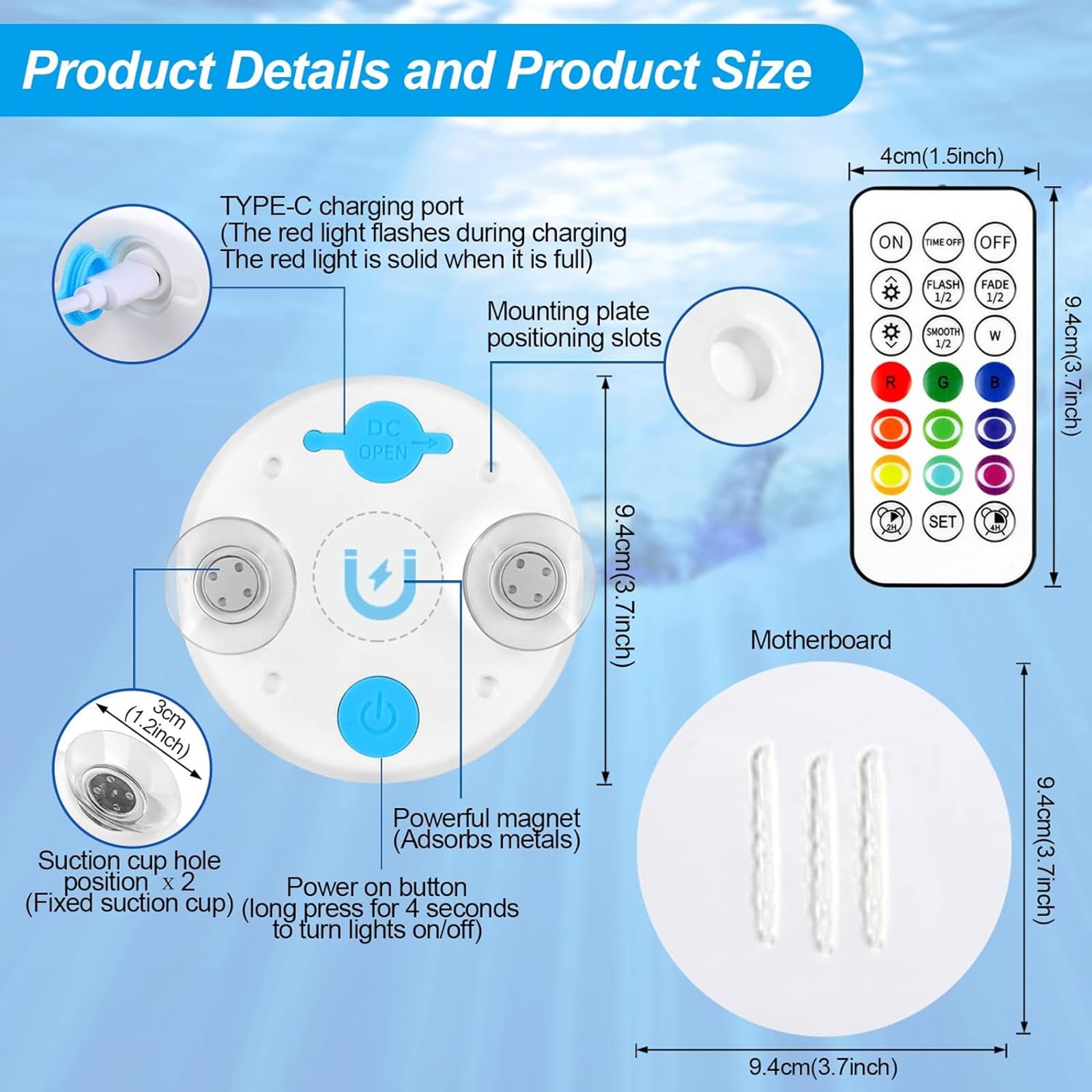 WANTERONG magnetic-suction-cup-bottom pool light securely mounts on various surfaces.