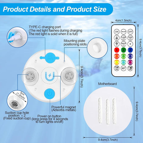 WANTERONG magnetic-suction-cup-bottom pool light securely mounts on various surfaces.