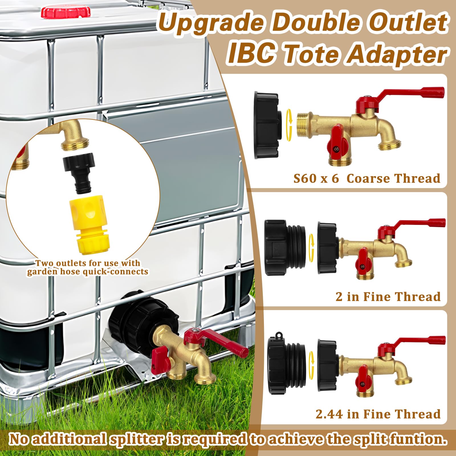 Dual outlet faucet in use, splitting flow to two hoses outdoors