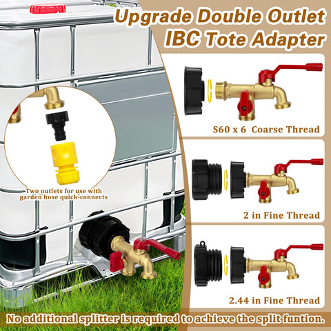 Dual outlet faucet in use, splitting flow to two hoses outdoors