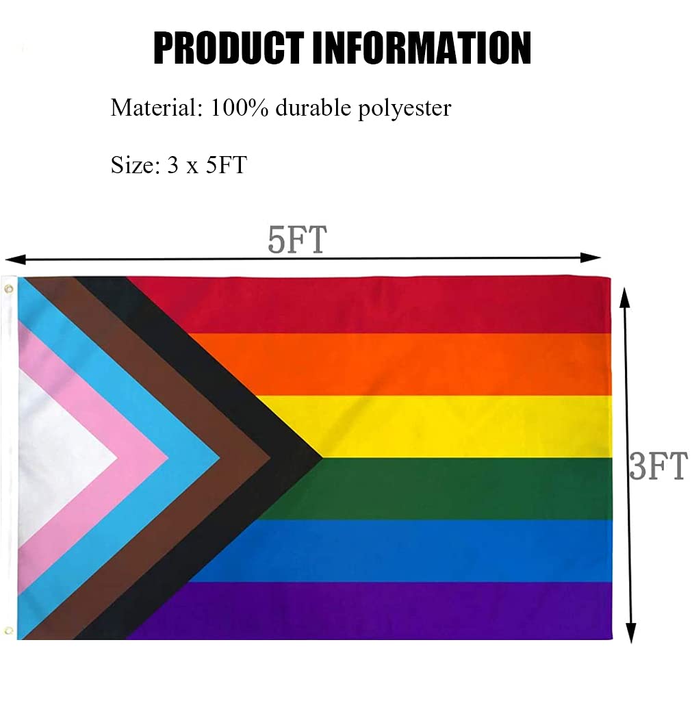 WANWEIDO Progress Pride flag fabric close-up highlighting durable 100D polyester and colorfastness.