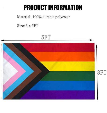 WANWEIDO Progress Pride flag fabric close-up highlighting durable 100D polyester and colorfastness.