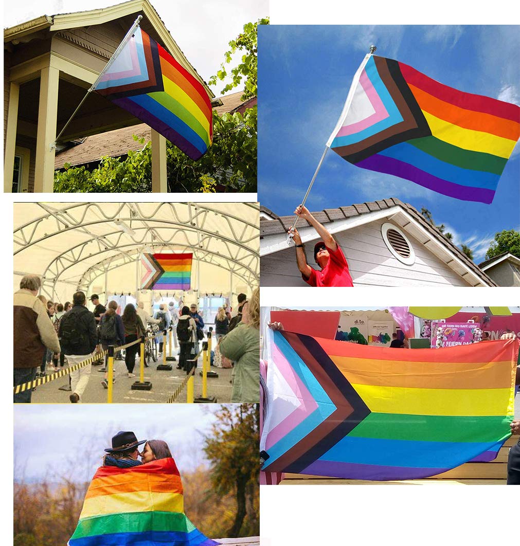 WANWEIDO Progress Pride flag mounted on a pole communicates support for diversity outside.