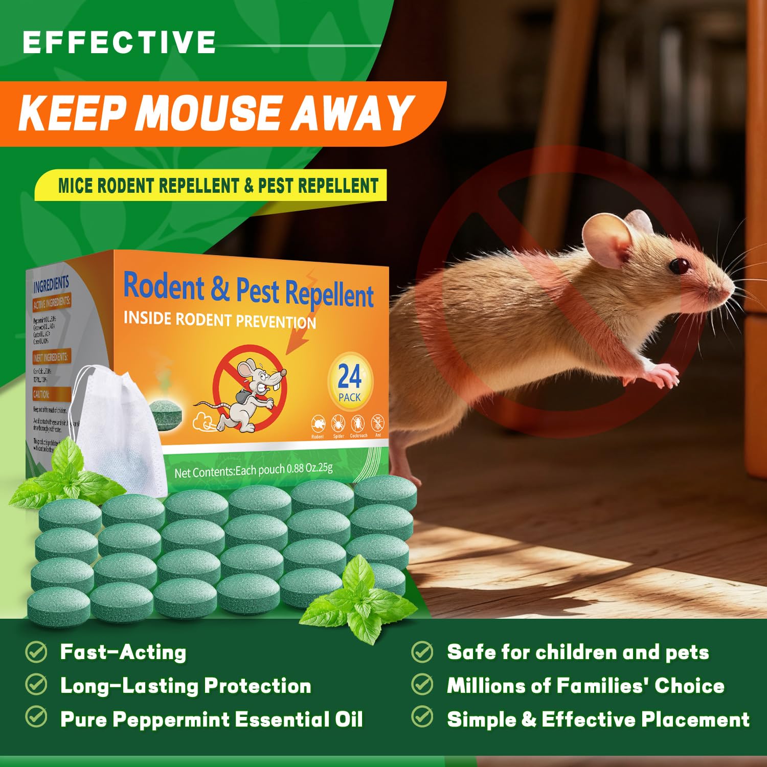 Wardash peppermint pouch beside kitchen area deters mice and pests