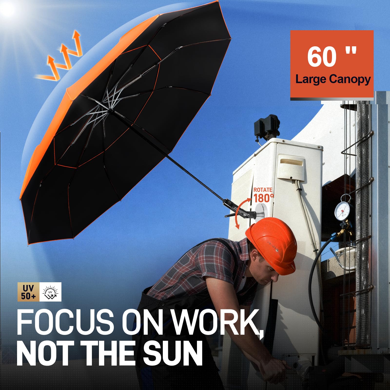 Durable aluminum ribs of the WARMOASIS HVAC umbrella withstand gusts on site
