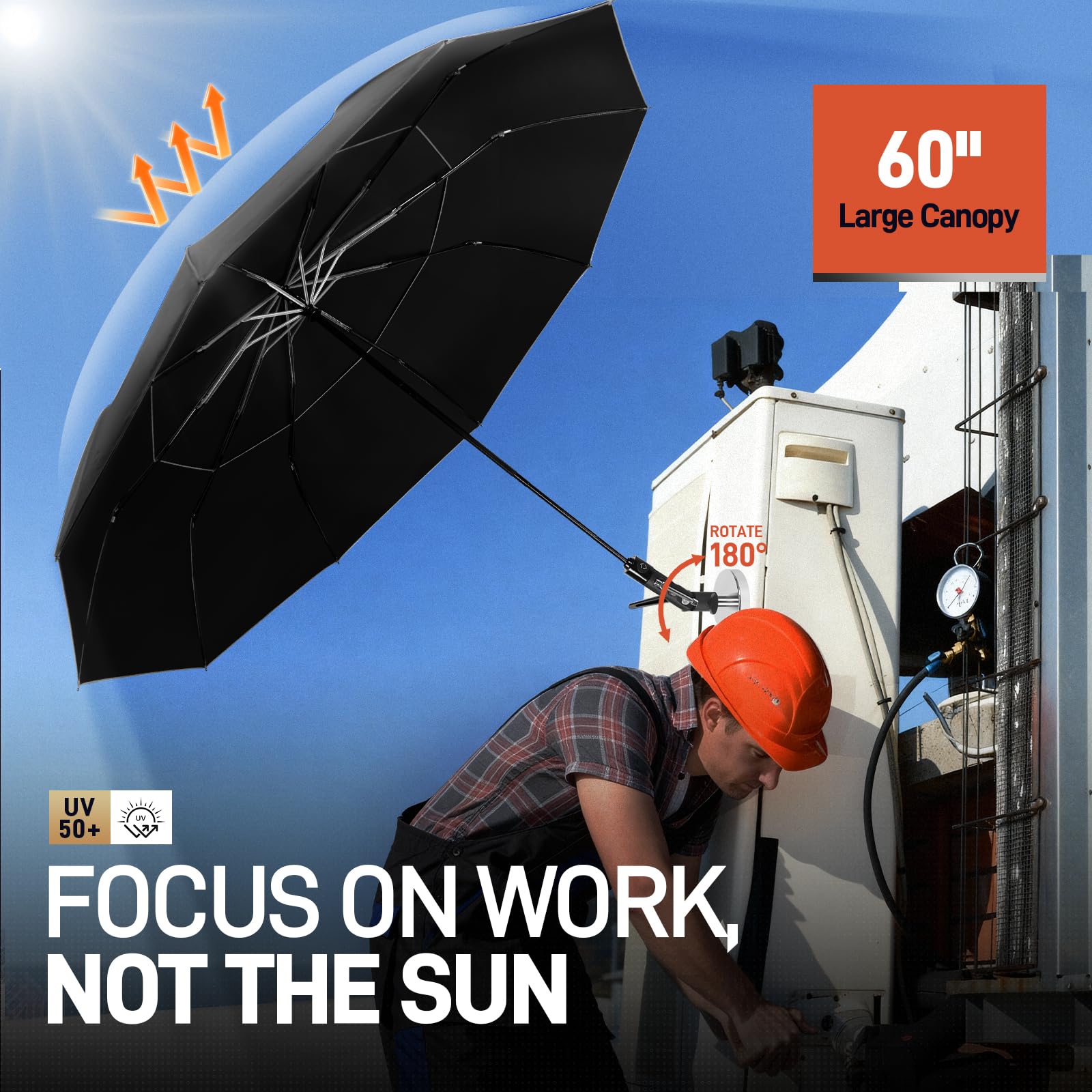WARMOASIS hvac umbrella featuring magnetic base and clamp for versatile mounting options
