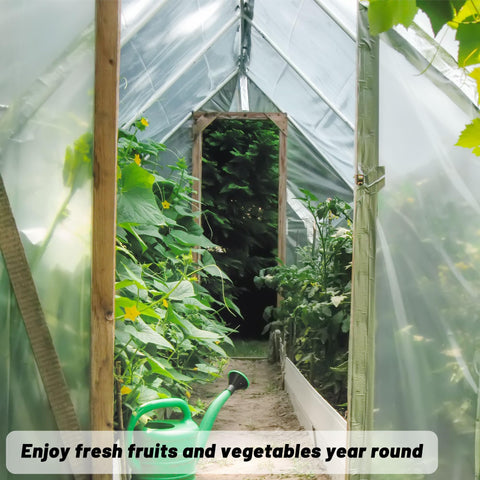 Warmfarm film protecting vegetables from wind and rain.