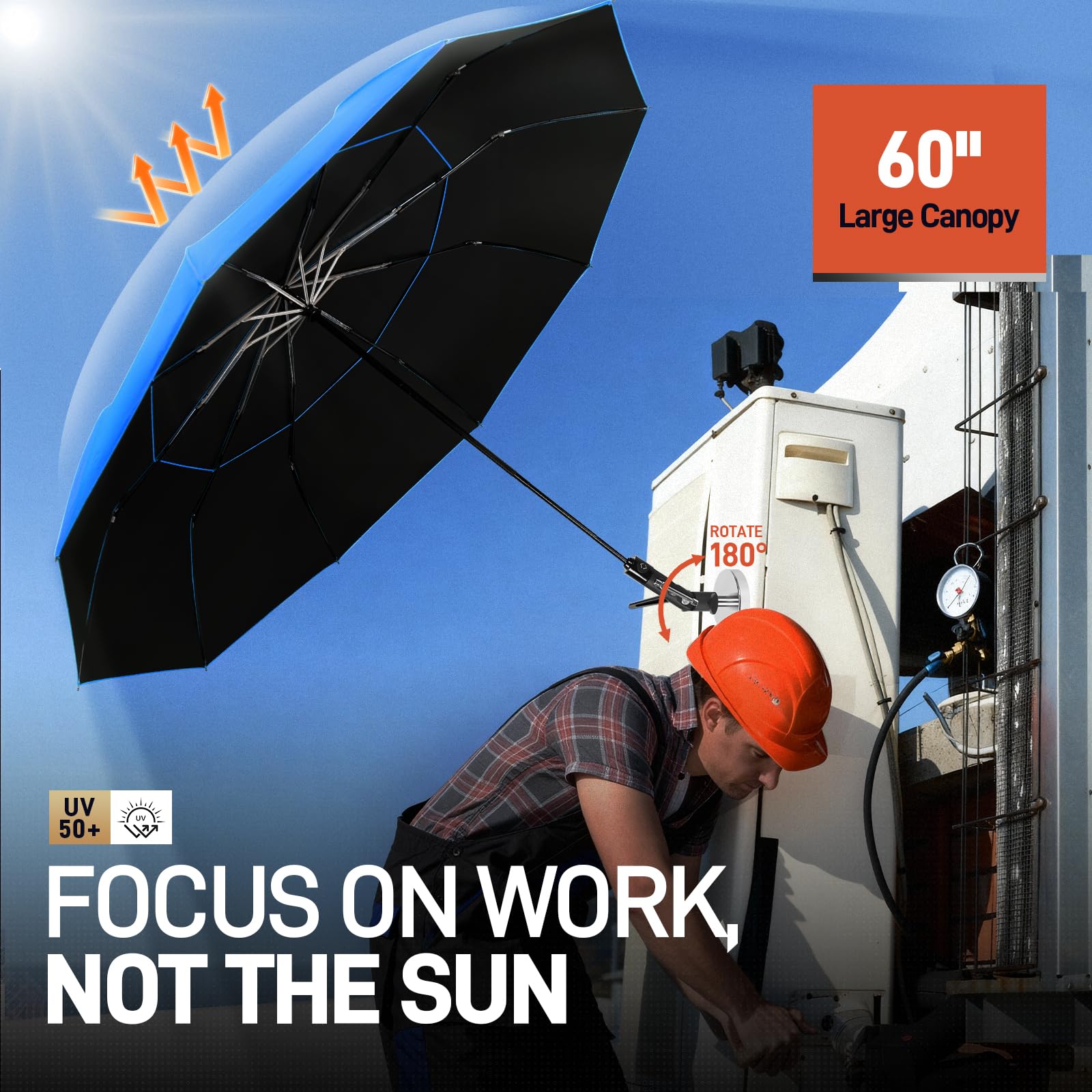 WARMOASIS 60-inch canopy provides extensive sun and rain protection during HVAC work.
