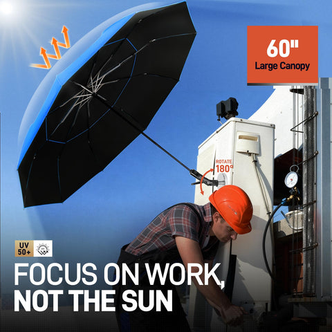 WARMOASIS 60-inch canopy provides extensive sun and rain protection during HVAC work.