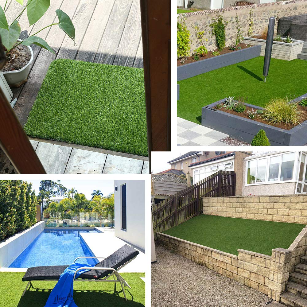 WarmShe artificial grass turf with drainage holes enables quick cleanup after rain.