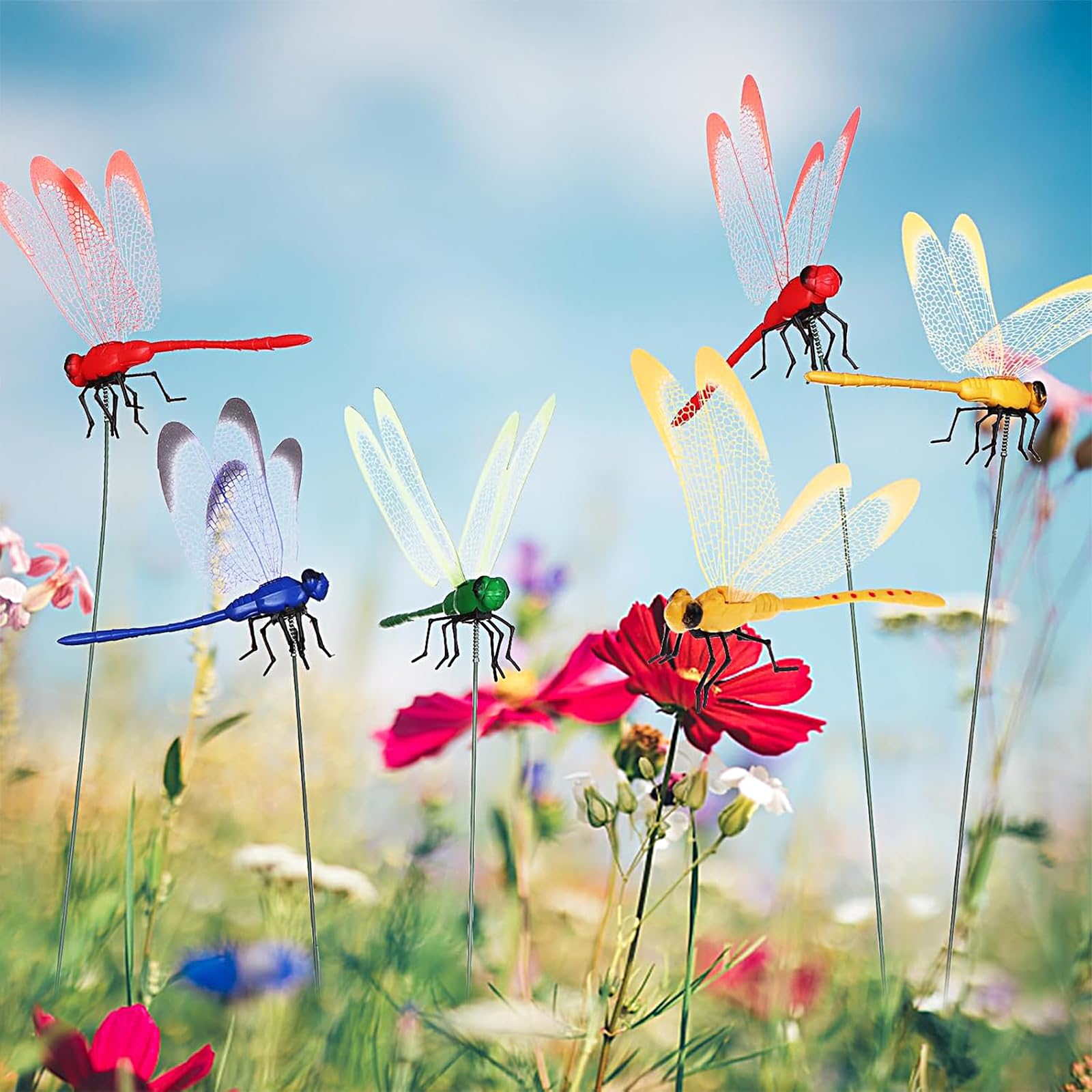 Warmshine dragonfly garden stake in green for borders and beds