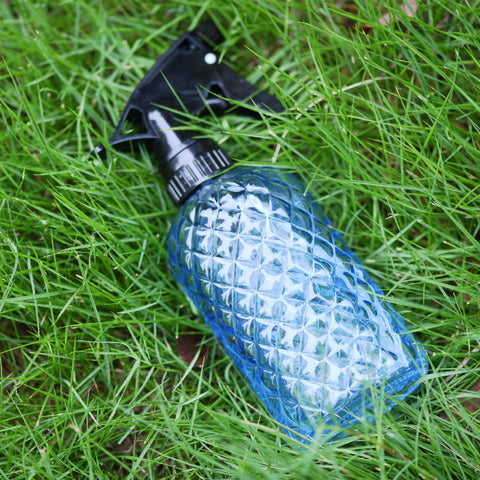 Wartter glass bottle used for plant watering in garden care scenarios.
