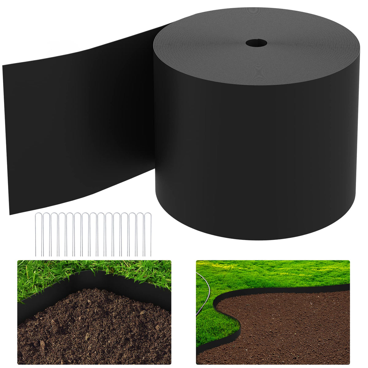 Watayo 50ft grass barrier roll along a lawn edge to prevent weeds and define a neat border.