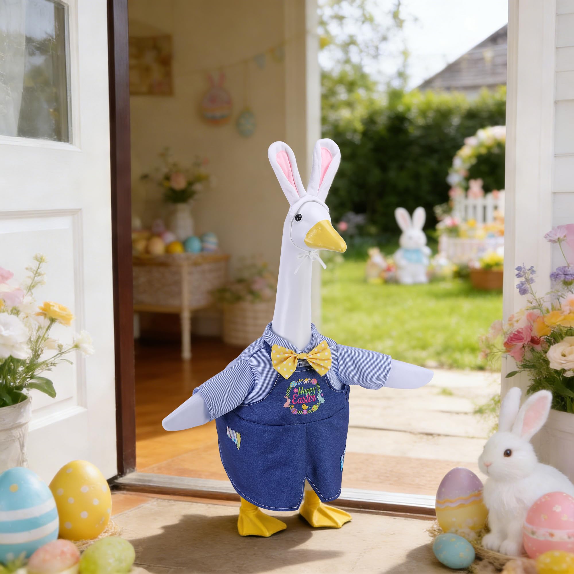 Watayo blue denim halter dress adds cheerful color to lawn geese.