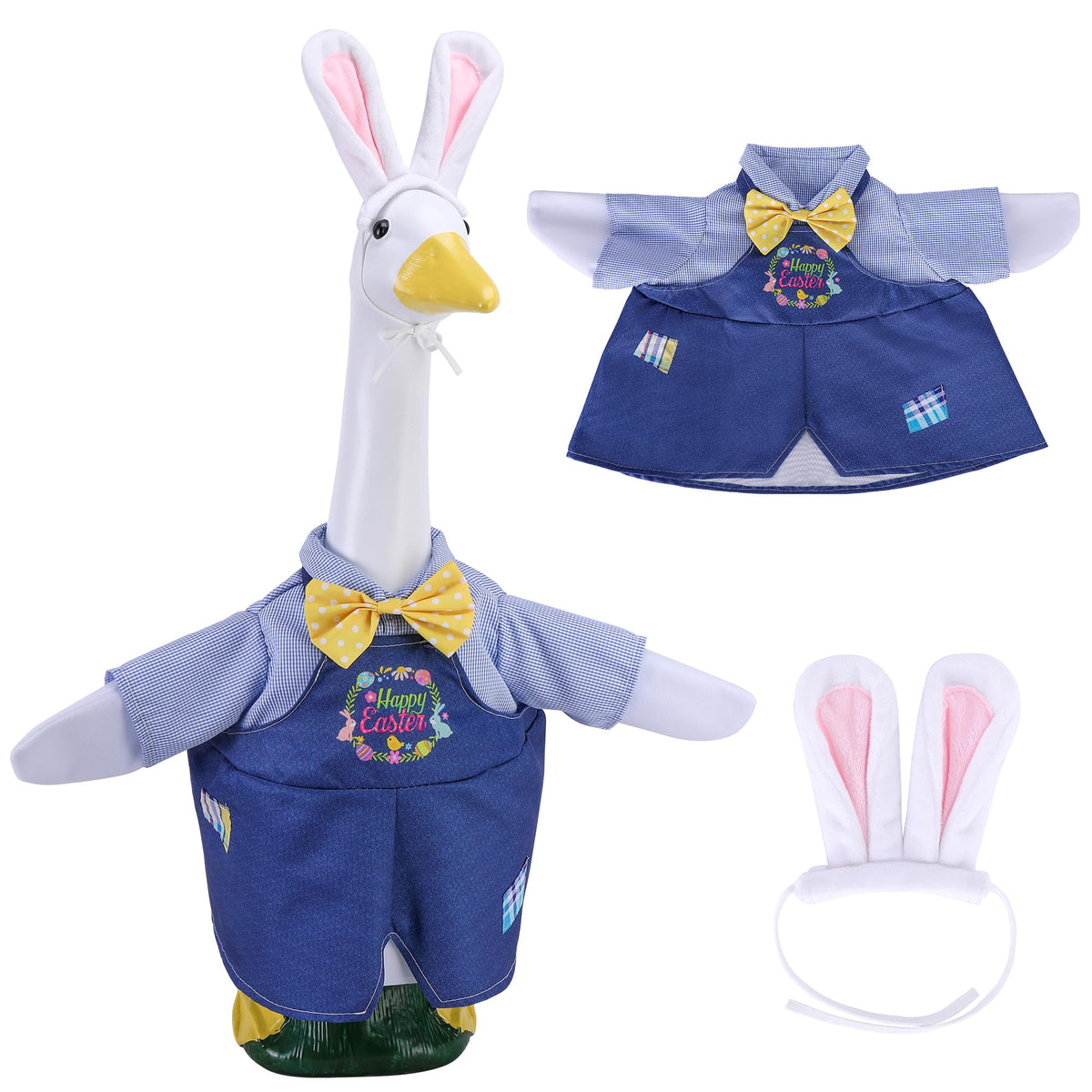 Watayo Easter goose outfit with bunny ears for 23-inch statue enhances porch decor.