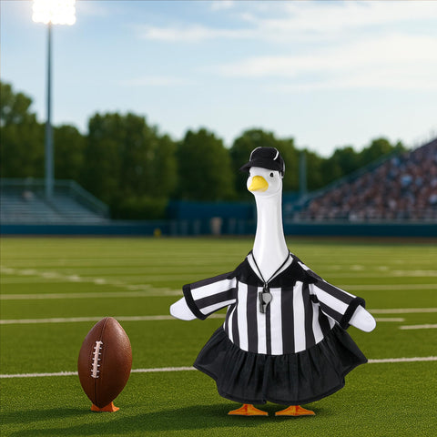 Watayo goose statue wearing referee dress showcases a fun seasonal centerpiece