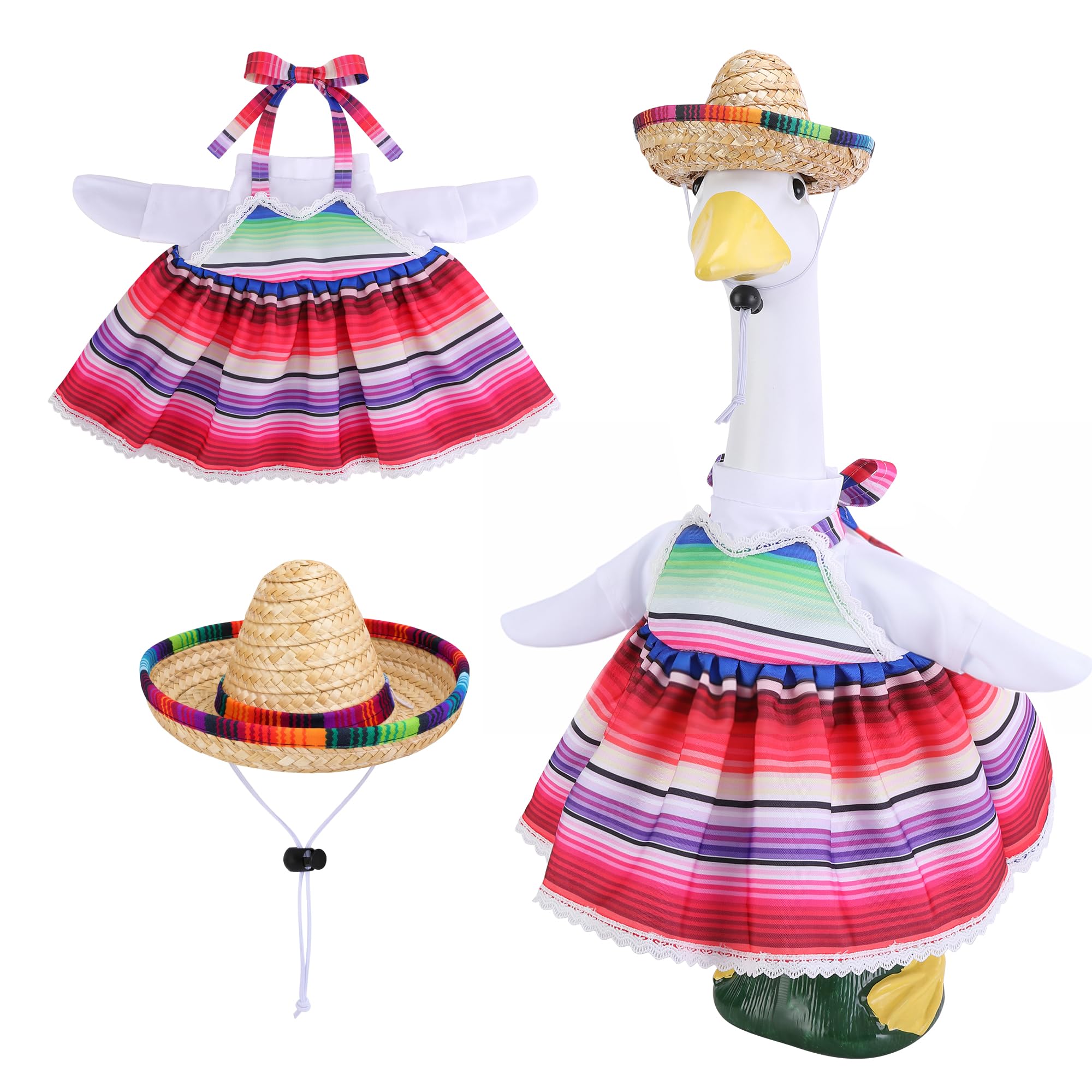 Watayo Mexican goose outfit with sombrero enhances festive porch decor.