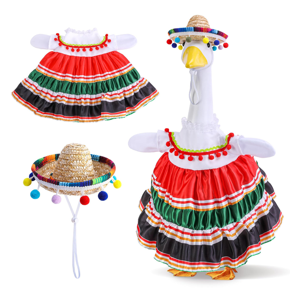 Watayo Mexican Porch Goose Outfits sombrero adds festive flair to outdoor porch decor.