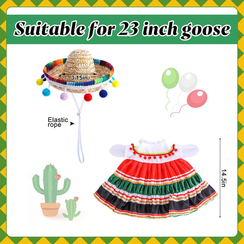 Watayo Mexican Porch Goose Outfits striped dress brightens lawn statues for Cinco de Mayo celebrations.