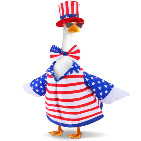 Watayo patriotic goose outfit on a statue enhances outdoor decor.
