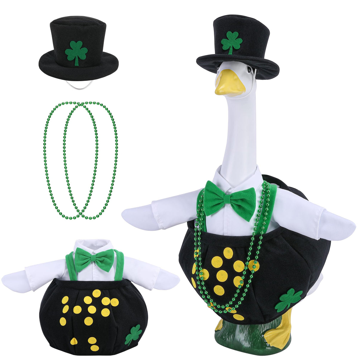 Watayo goose outfit with clover and gold coin for a festive 23-inch lawn statue