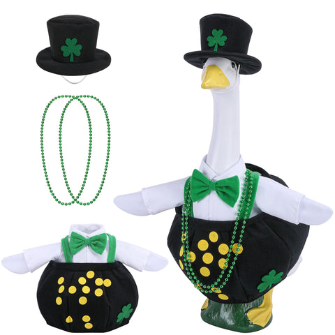Watayo goose outfit with clover and gold coin for a festive 23-inch lawn statue
