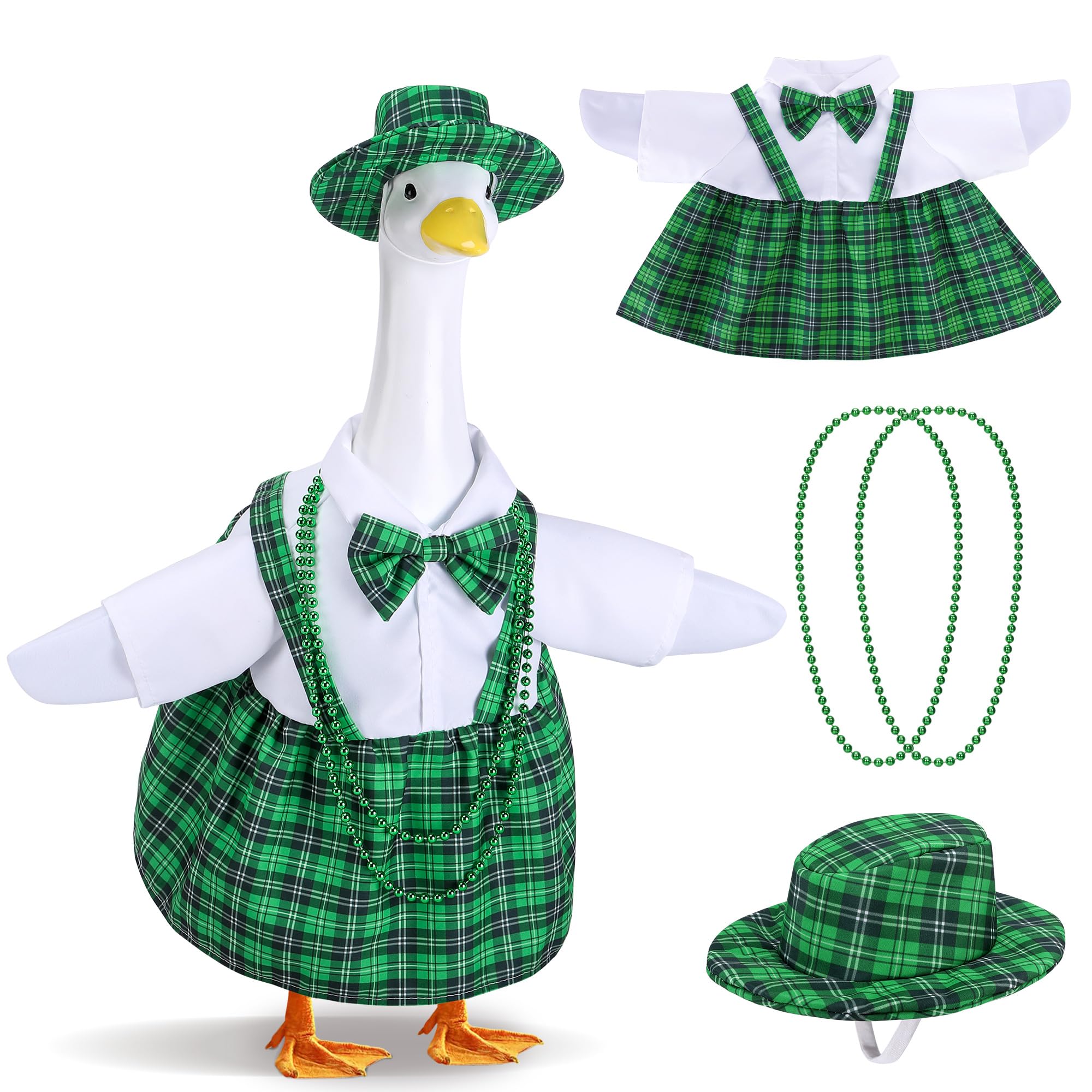 Watayo St Patrick's goose outfits in green plaid dress for outdoor porch display