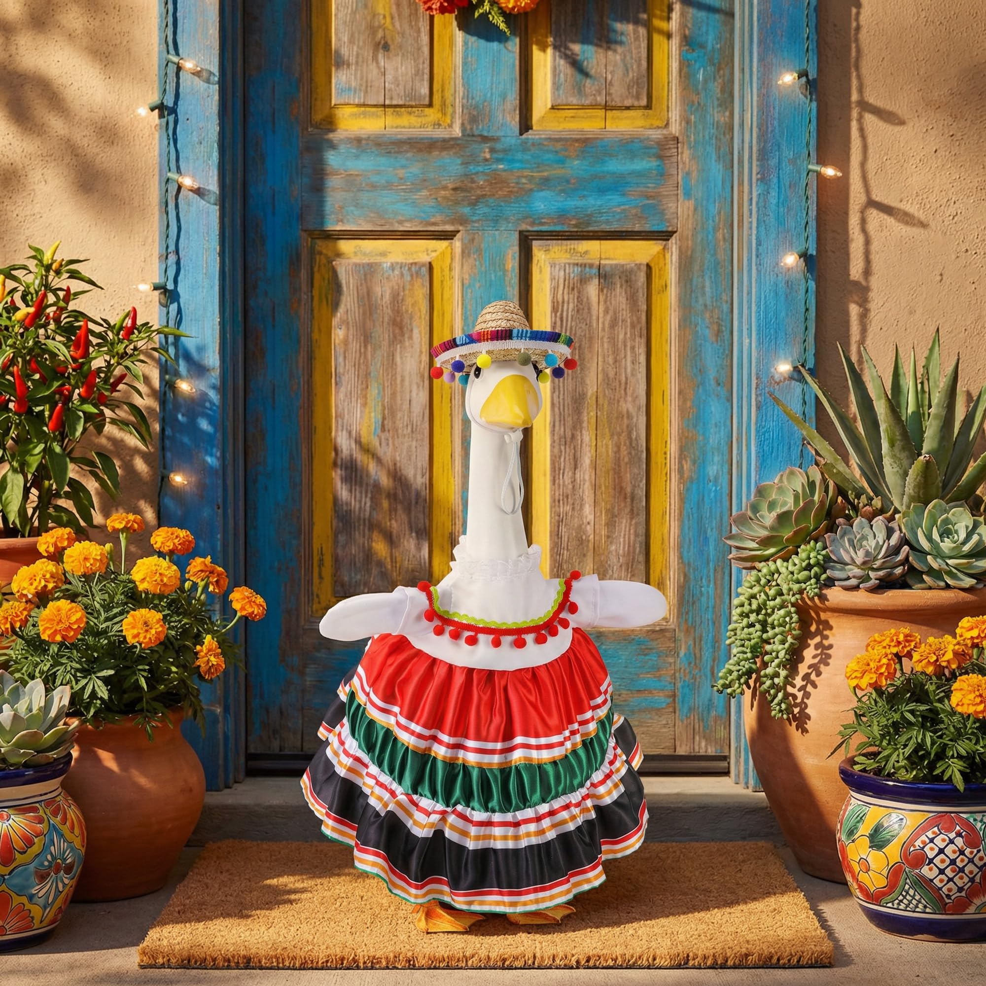 Watayo straw sombrero completes a vibrant festive look on garden geese.