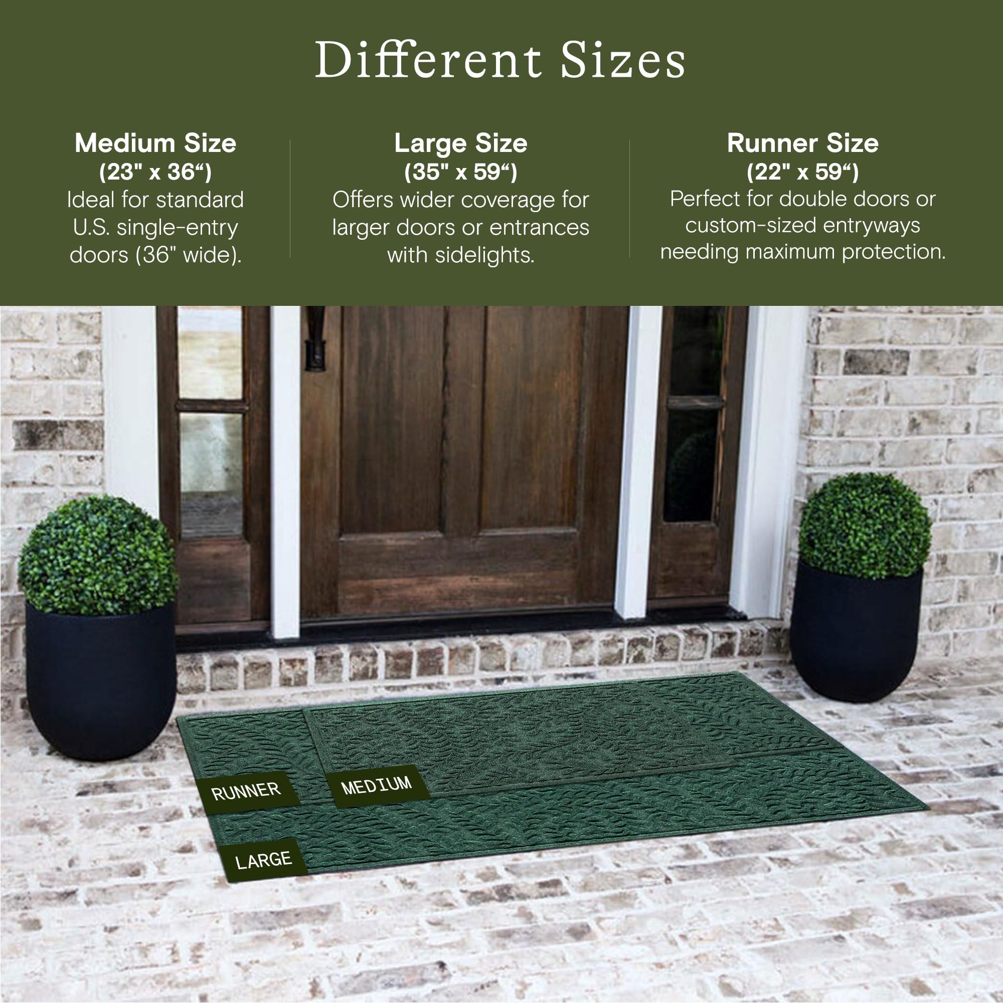 WaterHog Boxwood mat shows a ridged floral pattern for dirt and moisture control.