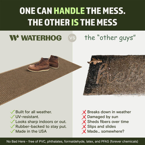 WaterHog Squares camel mat on doorstep illustrating 22x60 size fit