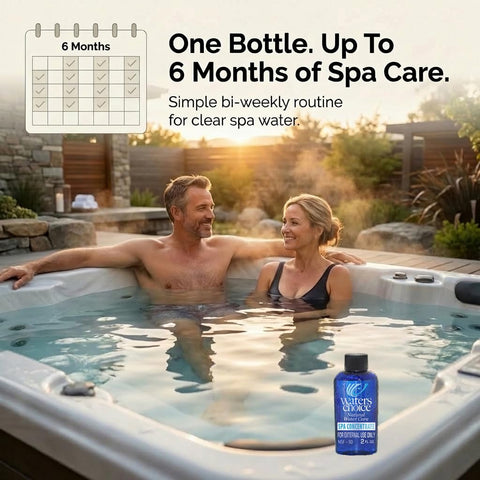 Family uses Waters Choice enzyme concentrate for weekly spa care