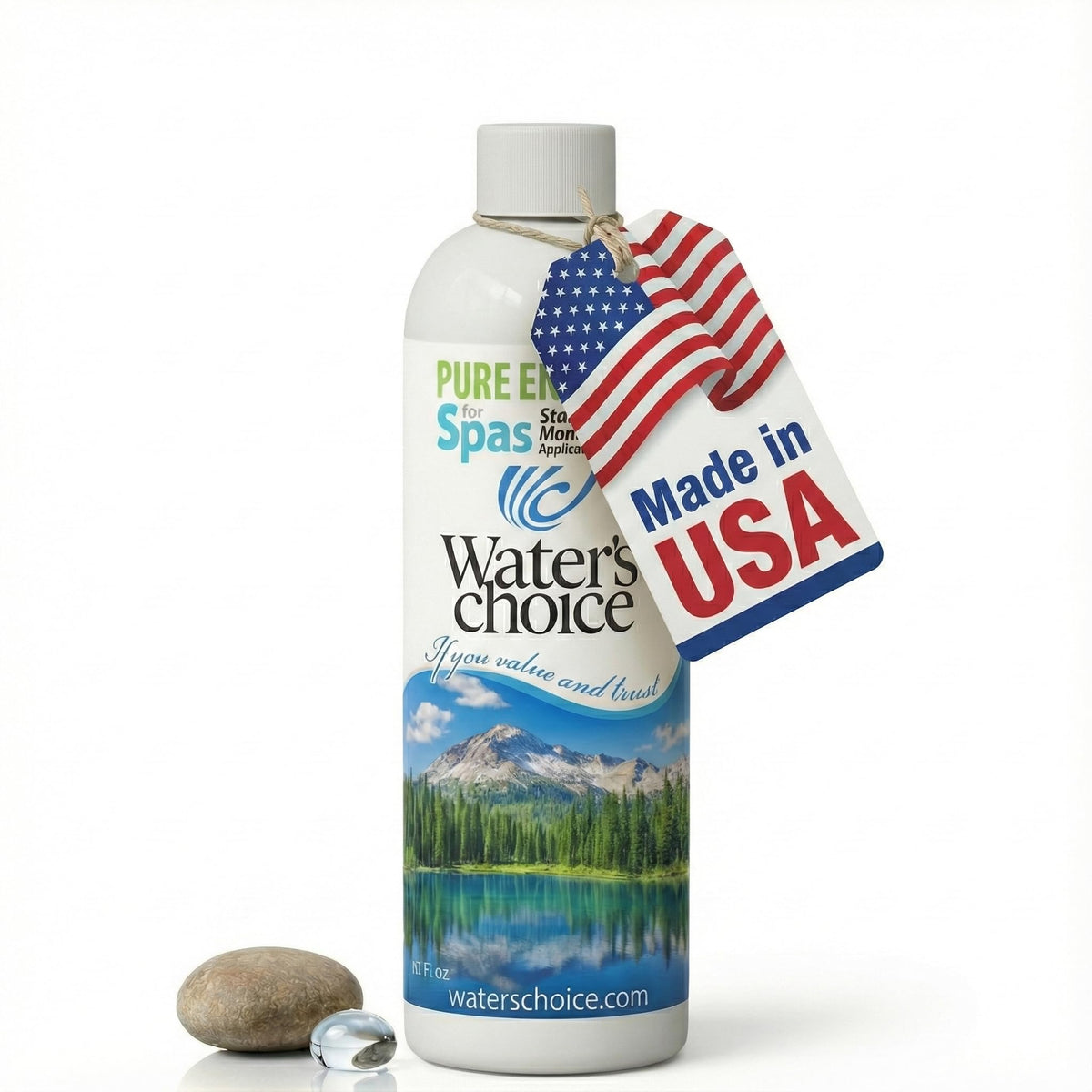 Waters Choice Pure Enzymes bottle shown for easy monthly spa maintenance
