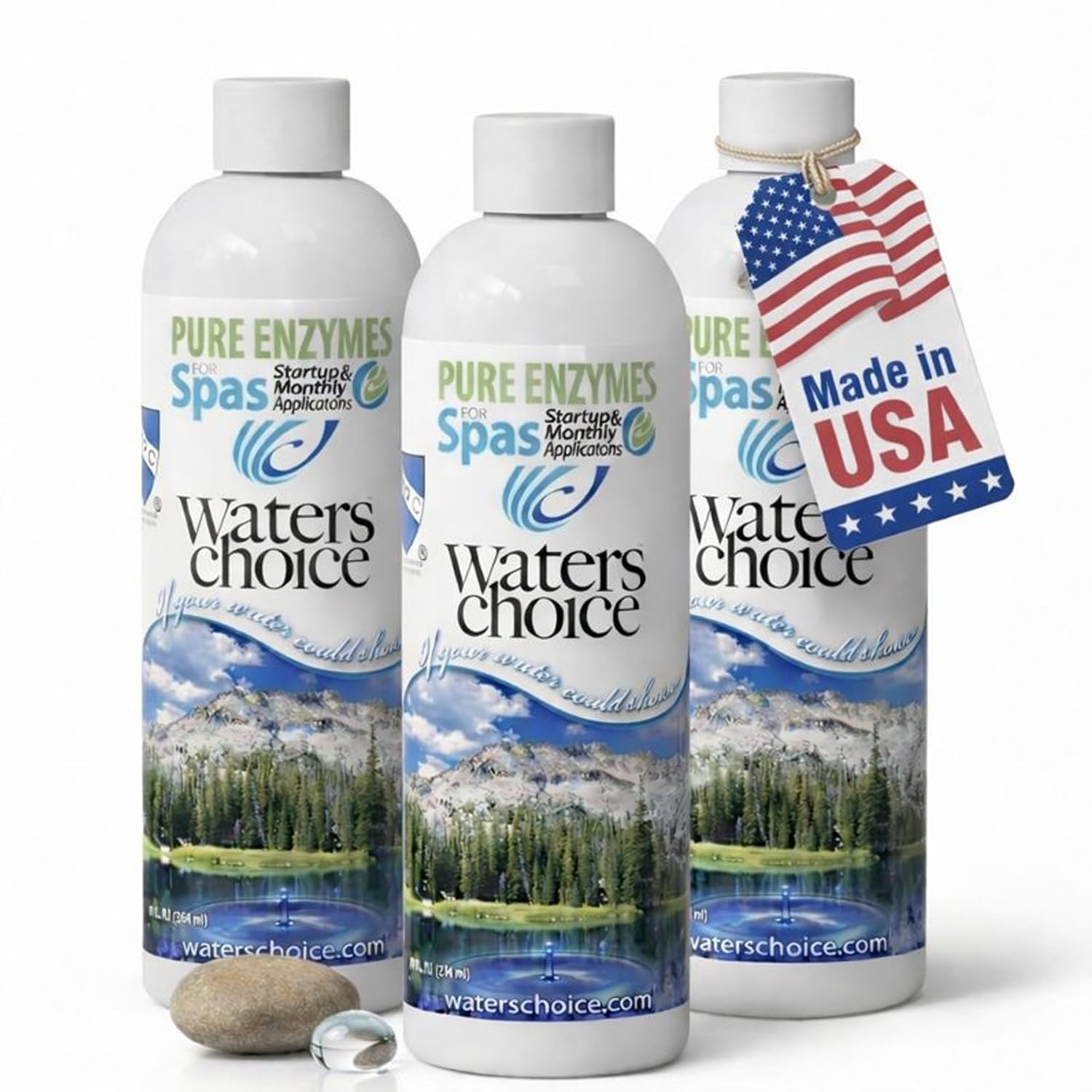Waters Choice Pure Enzymes spa pack bottle side view for simple spa maintenance and clearer water.